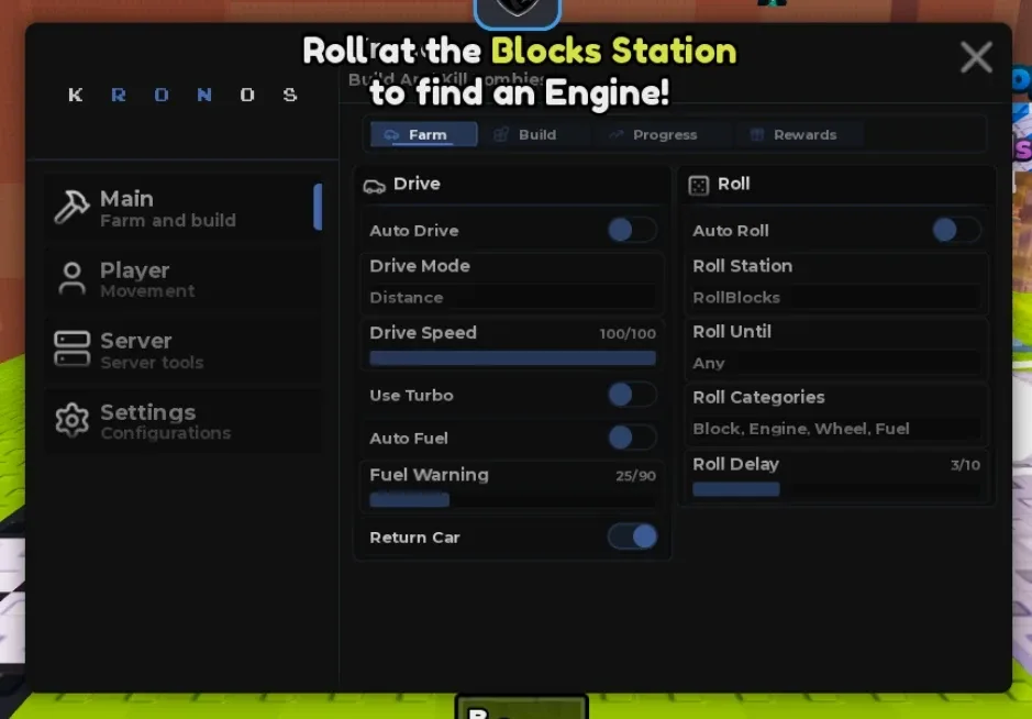 Build and Kill Zombies Script Kronos: Auto Drive, Auto Roll