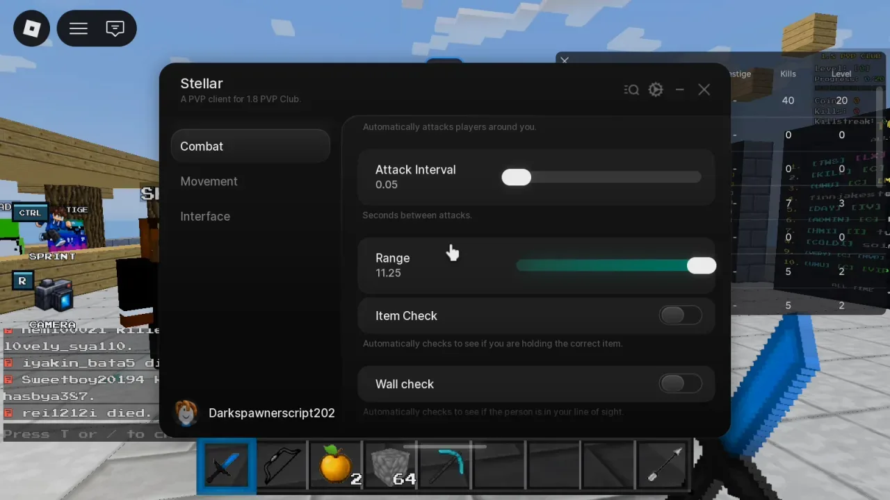 1.8 PVP Club Script Stellar Hub: AutoSprint, Killaura