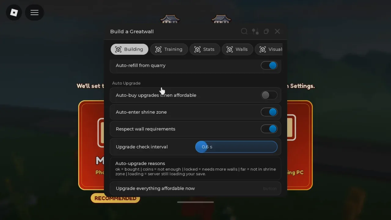 Build the Great Wall Script KRNL32 Hub: Auto Upgrades