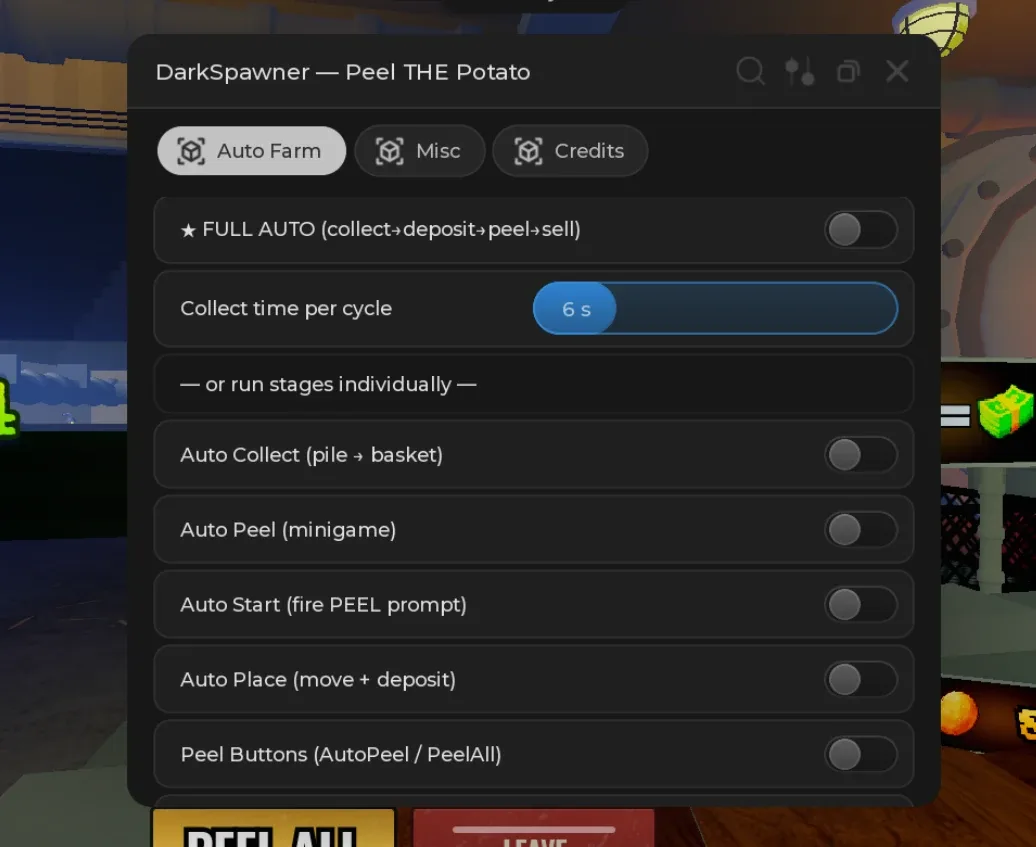Peel The Potato Script DarkSpawner Hub: Collect Loop
