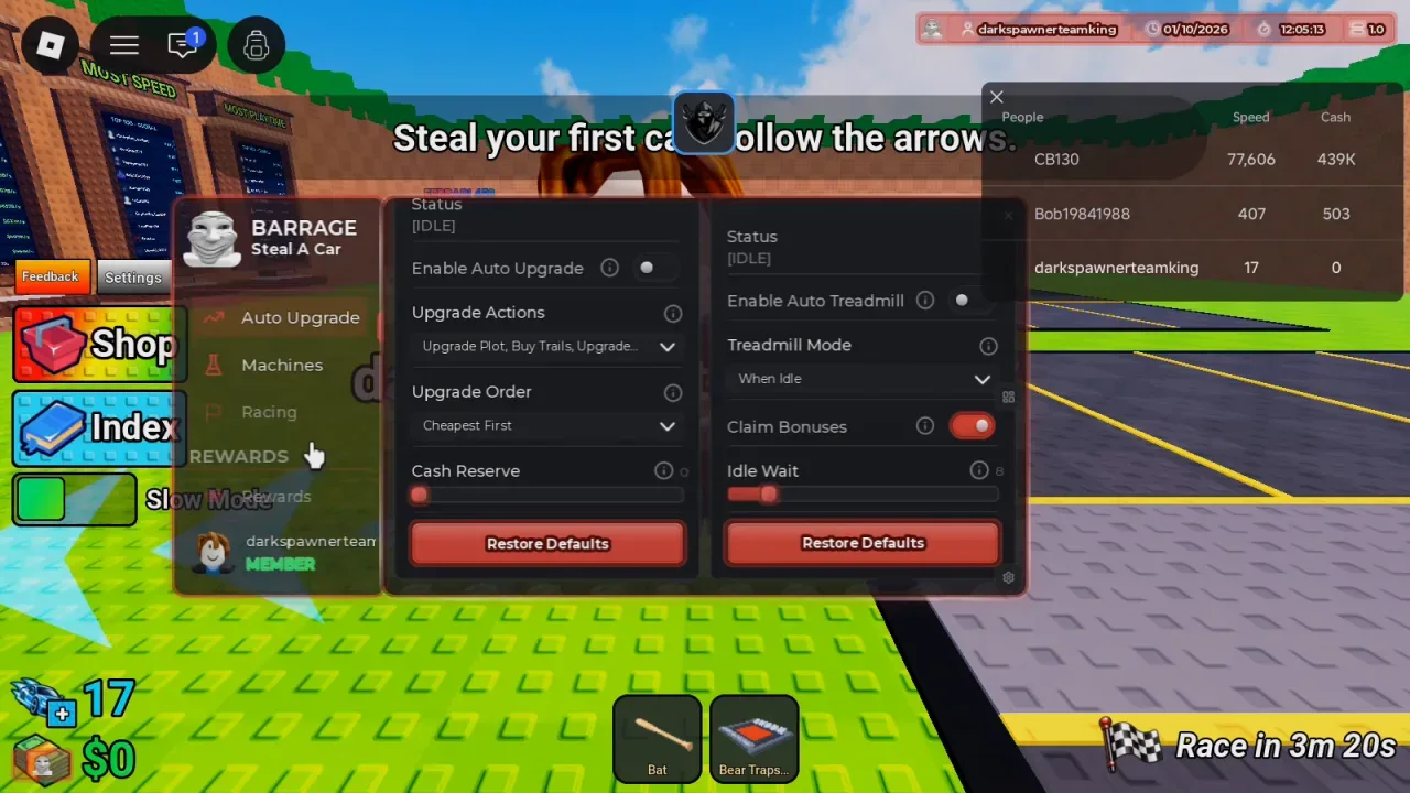 Steal A Car Script Barrage: Base Defense, Auto Steal