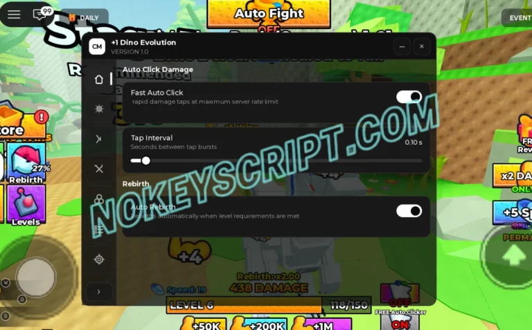 CM Hub +1 Dino Evolution script GUI showing Fast Auto Click, Tap Interval and Auto Rebirth toggles