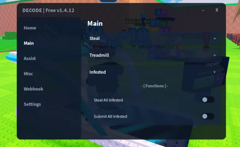 DECODE Steal an Egg script GUI showing the Main tab with Steal, Treadmill, Infested, Steal All Infested and Submit All Infested options