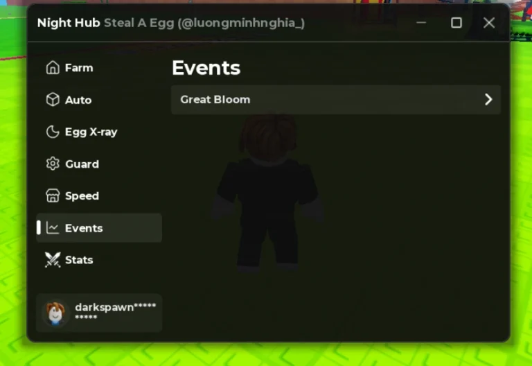 Night Hub Steal An Egg script GUI showing the Farm, Auto, Egg X-ray, Guard, Speed, Events and Stats tabs with the Great Bloom event