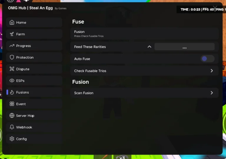 OMG Hub Steal An Egg script GUI showing the Fusions tab with Auto Fuse, Check Fusable Trios and Scan Fusion