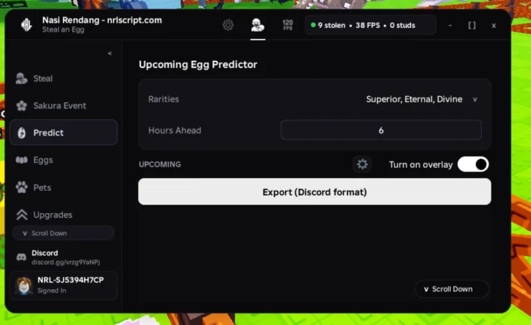 Nasi Rendang Steal An Egg script Upcoming Egg Predictor tab showing the rarities filter, hours ahead, overlay toggle and Discord export