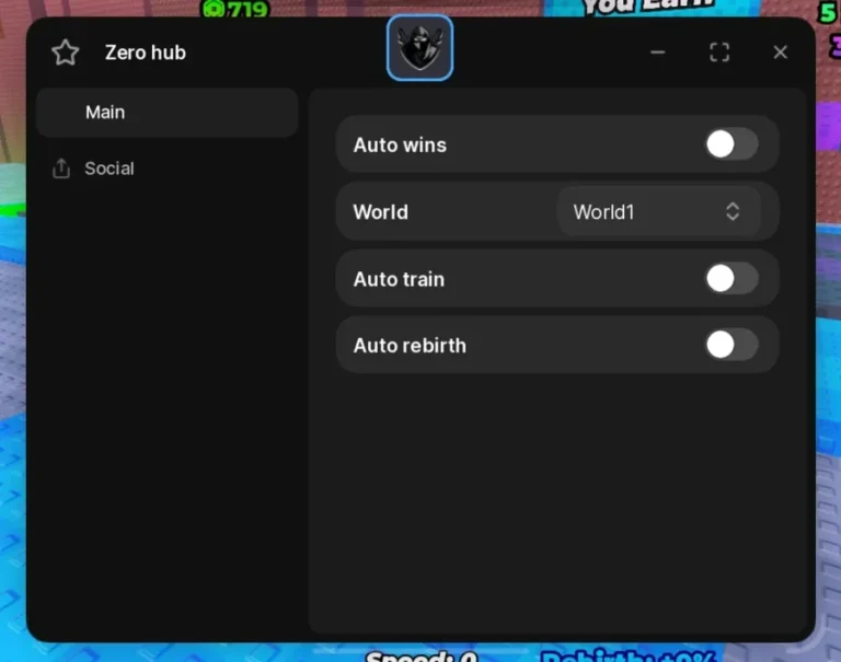 Zero Hub +1 Speed Wheel Chair Escape script GUI on the Main tab showing Auto wins, the World dropdown set to World1, Auto train and Auto rebirth