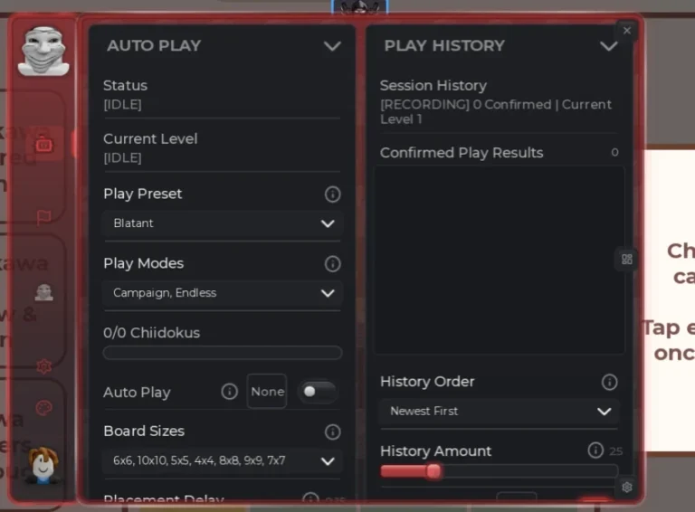 BARRAGE Chiidoku script GUI showing the Auto Play panel with the Blatant preset, Campaign and Endless play modes, board sizes and placement delay, next to the Play History panel
