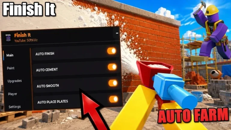 S0ftKillz Finish It script GUI on the Main tab with Auto Finish, Auto Cement, Auto Smooth and Auto Place Plates switched on, plus the Paint, Upgrades, Player and Settings tabs