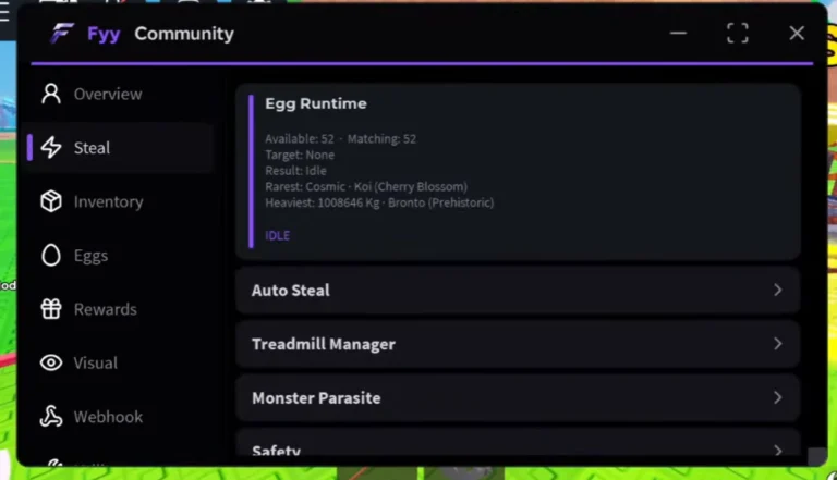 Fyy Community Steal an Egg script GUI on the Steal tab showing the Egg Runtime panel with available and matching counts, plus Auto Steal, Treadmill Manager, Monster Parasite and Safety