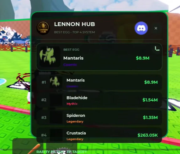 Lennon Hub Steal an Egg script GUI showing the Best Egg Top 4 system with Mantaris, Bladehide, Spideron and Crustacia ranked by cash value with their rarities