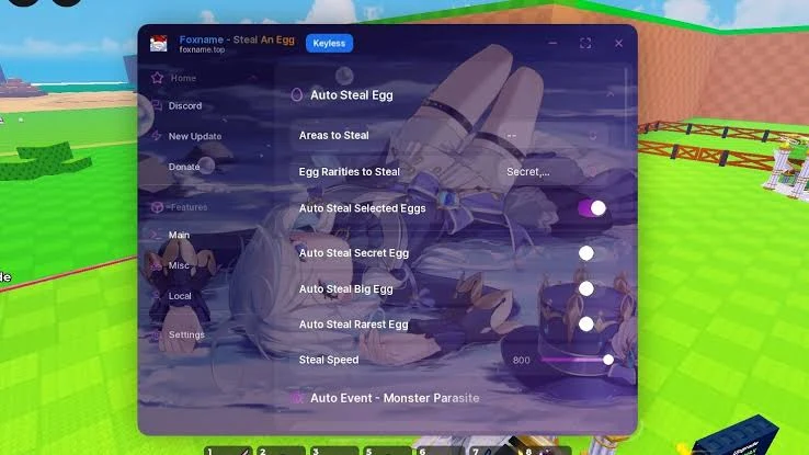 FoxName Hub Steal an Egg script GUI with the Keyless badge, showing Auto Steal Egg, areas and rarities to steal, Secret, Big and Rarest egg toggles and the Steal Speed slider at 800