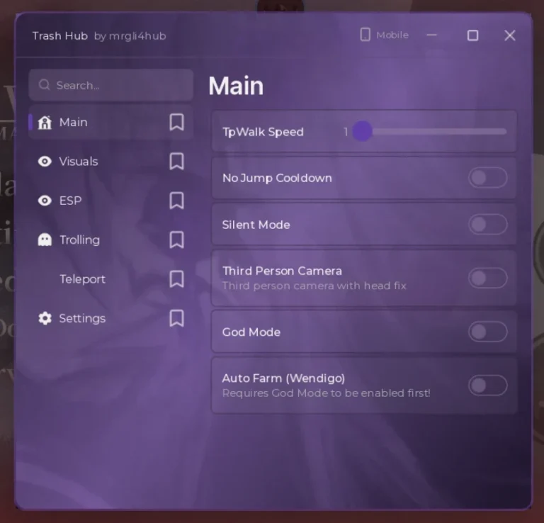 Trash Hub WEST WOOD REMAKE script GUI on the Main tab with TpWalk Speed, No Jump Cooldown, Silent Mode, Third Person Camera, God Mode and Auto Farm Wendigo, plus Visuals, ESP, Trolling and Teleport tabs